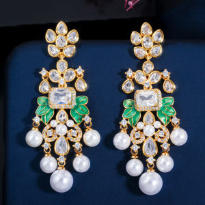 SEQUITO Luxury Long Chandelier Drop Pave Blue White Cubic Zircon Stone Gold Plated Pearl Tassel Wedding Dangle Earrings for Temperament Women Party Jewelry SE628