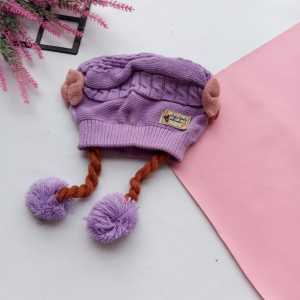 Topi Kupluk Rajut Bayi Perempuan Model Pompom Kepang Pita