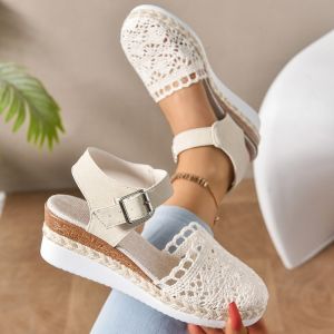[Free Shipping] WomenS Summer Straw-Woven Wedge Sandals Featuring A Thick Platform Sole Waterproof Design High Heels Breathable Material And A Fashionable Toe-Covering Style With Buckle Details