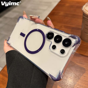For Magsafe Transparent Magnetic Phone Case For Samsung S24 S25 Ultra Plus Wireless Charge Four Corners Anti-Drop Protector Caps