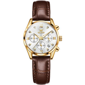 OLEVS 5523 Leather Band Waterproof Watch For Women Fashion Quartz Women Wristwatches Luminous Chronograph Calendar
