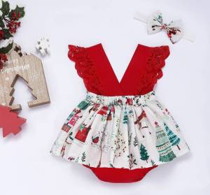 S001 ชุดเด็ก ชุดรอมเปอร์ลายดอกไม้ + ที่คาดผมเด็กผู้หญิง