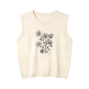 2026 Autumn New Women Floral Embroidery Knit Vest Crew Neck Sleeveless French Style Layering Top