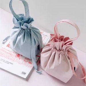 KINTHAZER Storage Drawstring Bag Portable Solid Color Canvas Bucket Bag Cute Large Capacity Makeup Bag Female