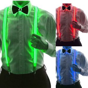 REEBO Fashion Y-Back Braces Straps Elastic For Women Strap Clip For Men Glow In The Dark Light Up Luminous Bow Tie LED Suspenders Clips Tie Suspenders Set Hanging Pants Clip
