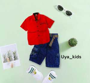 TERLARIS Baju anak polos lengan pendek celana jeans free gesper biru kantong samping pendek untuk usia 1 tahun sampai 12 tahun///setelan kemeja anak termurah 2023  celana pendek///baju lebaran lengan pendek dengan celana jeans pendek free gesper