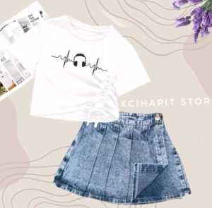 Setelan Baju Rok Remple Anak Perempuan Bermotif