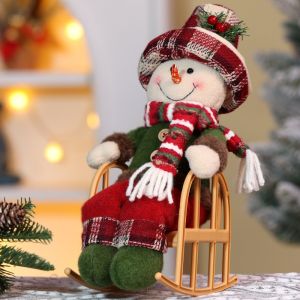 Welshop ตุ๊กตาวินเทจคริสต์มาส ตุ๊กตาซานตาคลอส เก้าอี้โยกลายสก๊อต ของตกแต่งวันหยุด ของขวัญสำหรับเด็ก น่ารัก