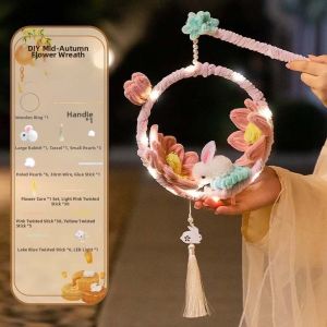 OOC Luminous Bunny Wreath Lantern Glowing Handmade Chenille Stems Craft Chinese Lantern Eco-Friendly Rabbit Hoop Lamp Mid-Autumn Festival