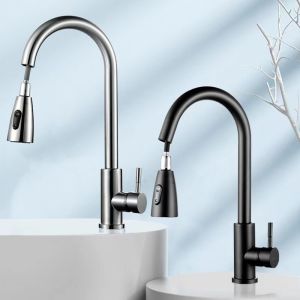 SUS304 Kitchen Faucet 360°Swivel Pull Out Kitchen Tap Two Water Outlet Modes Deck Mounted Water Tap Stainless Steel Pull Out Kitchen Faucet 360° Rotate Flexible Hot and Cold Universal Faucet With