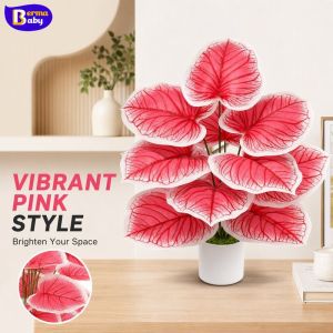 Artificial Pink Leaf Plants Realistic Fake Tropical Bonsai For Home Office Wedding Party Decor