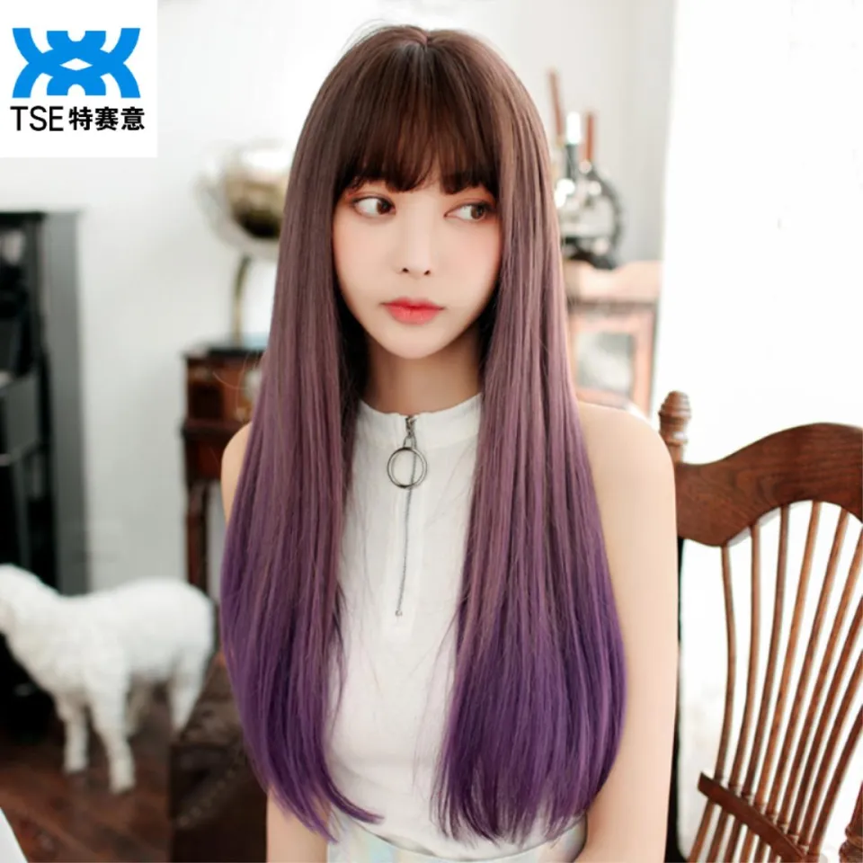 TSE Long Straight Hair Wig Gradient Color Female Fashion Wigs With