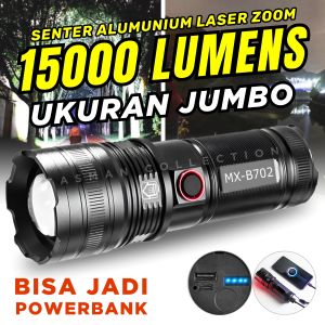 Senter Multifungsi PowerBank 9000mAh LED Lensa Zoom & Laser Super Terang 15000 Lumens Flashlight MAX POWER MX-B702