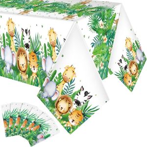 Peryiter Jungle Safari Animals Tablecloth Plastic Wild One Table Cover 54 ×108 Inch Sage Green Tablecloth Safari Theme Decorations for Jungle Party Baby Boys Safari Birthday Party Supplies (3 Pcs)