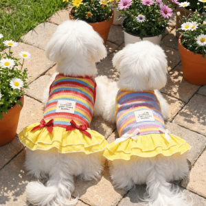 OUTOPEN Thin Breathable Dog Rainbow Striped Skirt Ruffle Striped Comfortable Pet Princess Dress Sweet Style Soft Dog Cooling Vest Casual Wear