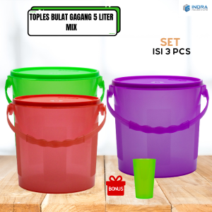 INDRA Paket Toples Plastik Bulat Gagang volume  5Liter/set isi 3pcs Bonus 1pcs Gelas Ice Tea 400ml