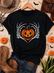 Short sleeves t Womens Halloween costume: black skull and pumpkin print Loose new womens clothing hot sale