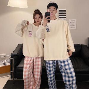 2Pcs Cartoon Disney Couple Pajamas Set Winter Plush Crew Neck Coral Fleece Casual New Mens/womens Stitch Womens Casual Pajama