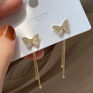 Bling Dangle Butterfly Tassel Gold Zircon Earrings Ear Studs Jewelry Accessory for Sweet Girls