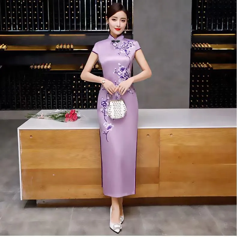 fitted lace wedding dress Modern Chinese Cheongsam, Evening Dress, Ball Gown, Dark Purple Color, Mandarin Collar, 3/4 Sleeve 2X