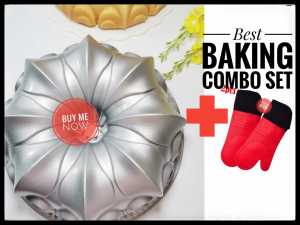 Bundt Pan Nordicc Inspired Non-Stick Pan Silocone Oven Gloves Combo Set Fluted Tube Cake Baking Tin Bakeware Mold 23.5” Dia Deep Bundt Molds Bread Pan Dessert Mould Pudding Pan Cake Mould Kugelhopf Baking Pan Loyang Kek Tidak Melekat Bakeware 蛋糕模