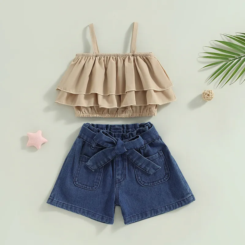 beautywoo】Kids Girl Summer Outfits Solid Color Ruffles Sleeveless