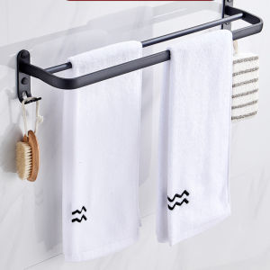 Aluminium Material 40cm Bathroom Shower Wall Mounted Dual Layer Space Aluminum Towel Storage Hanger Shelf Holder Space Saving Stand Rack with Hooks