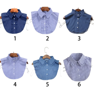 Women New Fashion Stripe Denim Lace Collar Shirt Fake Collar Tie Vintage Detacha