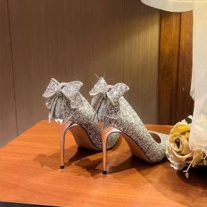 [Free Shipping] Spring And Autumn New Crystal Rhinestone Silver Bow High Heels WomenS Stiletto Heels Elegant Bridesmaid Wedding Shoes For Women