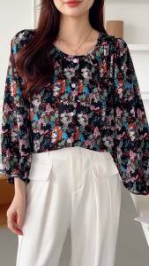 AMMIN เสื้อเบลาส์คอกลมแขน Sablon Bunga สไตล์วินเทจเสื้อเบลาส์แขนยาวกระดุมแถวเดียวสไตล์เกาหลีสำหรับเสื้อชีฟองหญิงฤดูใบไม้ผลิ/ฤดูร้อน2024หรูหรา