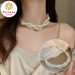 Viviann Vintage sterling silver Multi Layers Pearl Choker Necklace For Women Elegant Pendant Wedding Pearl Necklace & Pendant Multi Layer Torques Necklace Sets Wedding Bridal Jewelry Luxury Women Fashion Collar