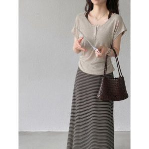 2026 New Summer Women Fake Two-piece Halter Neck Tee & Striped Midi Dress Two Piece Outfit