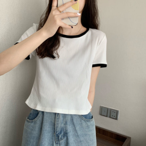 Knitted Blouse Plus Size Womens Korean Style Round Neck Short-sleeved T-shirt