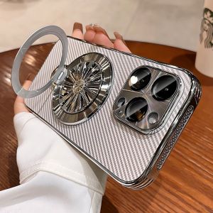 Business Carbon Fiber for Magsafe Case for iPhone 13 12 14 15 16 Pro Max Anti-Stress Rotating Gyro Bracket Lens Protector Cover