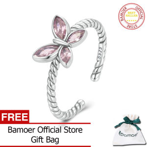 BAMOER Genuine 925 Sterling Silver Adjustable Pink Butterfly Braided Ring for women Fashion Jewelry SCR872