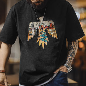 Maden Vintage Style Thunderbird Print T-Shirt Mens Summer Heavyweight Embroidered Short Sleeve Tee Navajo Crew Neck Street Tops