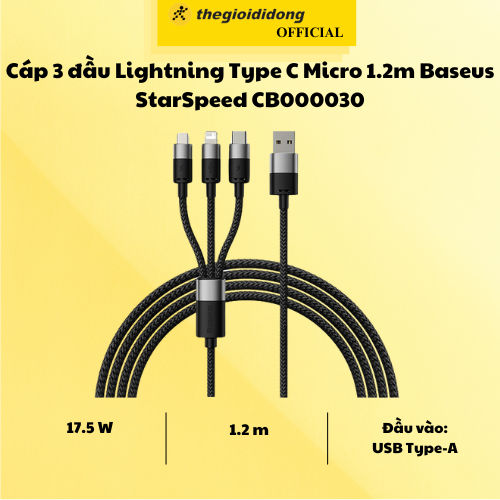 Cáp 3 đầu L Type C Micro 1.2m Baseus StarSpeed CB000030 Trắng