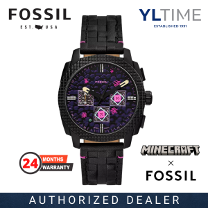 Fossil Gent LE1252 Minecraft Limited Edition The End 44 mm Purple Dial Black Leather Band Chronograph Quartz Watch