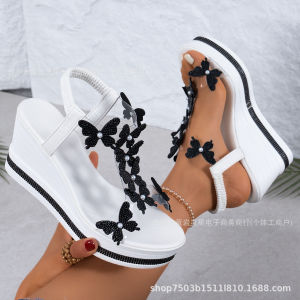[Free Shipping] New Women’S Platform Sandals With Thick Soles Waterproof Design Wedge Heels Butterfly And Pearl Embellishments And A Single-Strap Style