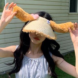 YSUNNY ทอ หมวกฟางคุกกี้แอน ป้องกันรังสียูวี โบฮีเมียน หมวกกันแดดสำหรับเชฟลูกสุนัข แฟชั่น โบว์คอนต์ หมวกกันแดดหูสุนัข สวนสนุก