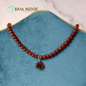 Chuỗi đeo cổ choker đá Mã Não màu đỏ sẫm VIP size hạt 6.3 li phối charm mặt dây đá chạm hoa hồng sang trọng | Hoa Minh Gem