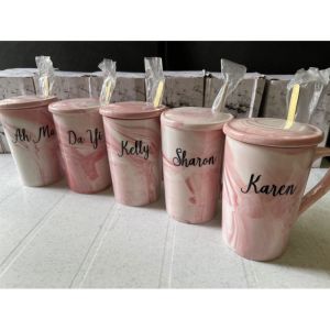Marble Mug Customised Gift Pink Marble Ceramic coffee cup with stirrer spoon and marble lid graduation office colleagues farewell wedding favor bridesmaid anniversary teachers day birthday personalised personalized customized gift