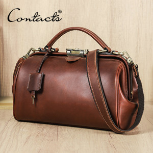 CONTACTS Full Grain Genuine Leather Female Handheld Crossbody Bag with Safety Lock and Diagonal Cross for Two Purposes Handheld Doctors Bag