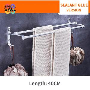 Easy To Install Anti Rust Towel Rack Non Perforated Towel Pole with Hooks Shower Room Pole Rack Self-adhesive Wall Mounted Installation Kitchen Bathtub Bathroom Hanging Storage Accessories