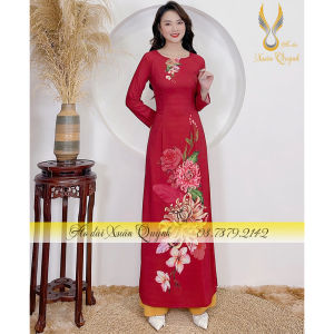 Áo Dài Lụa Habutai Truyền Thống Hoạ Tiết Hoa Cúc Nền Đỏ Trầu K87 Cổ Tròn - Áo Dài Xuân Quỳnh