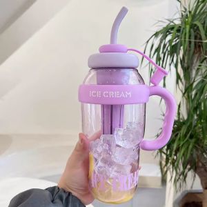 1200ml Sport Water Bottle With Tea Infuser Straw Cover Handle Cute Plastic Ice Coffee Milk Tea Juice Gym Travel Drink Bottle Jug
