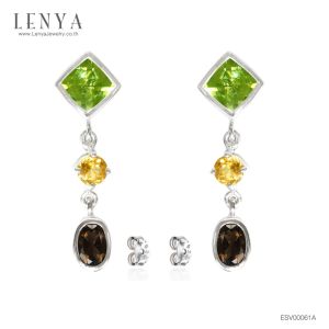 LENYA ต่างหูพลอยเพอริดอท เสริมโชคลาภ ความรัก ชีวิตมั่นคง ขนาด 6 มิล ตัวเรือนเงินแท้925 ชุบทองคำขาว