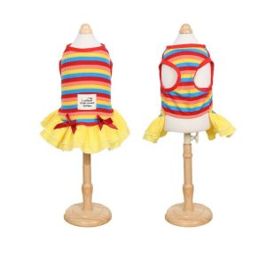 OUTOPEN Comfortable Dog Rainbow Striped Skirt Soft Thin Breathable Pet Princess Dress Fashion Ruffle Striped Dog Summer Vest Casual Wear