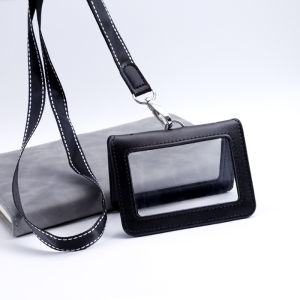 【SG】Leather Badge Holder Double-sided Clear ID Badge Holder Folding Card Holder