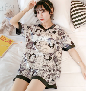 2pcs women Pajamas set silk short sleeve cute Cartoon loose nightwear+casual shorts sleepwear